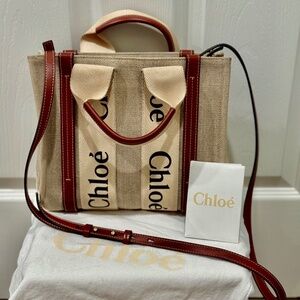 Chloe Small Woody Logo Strap Linen Tote